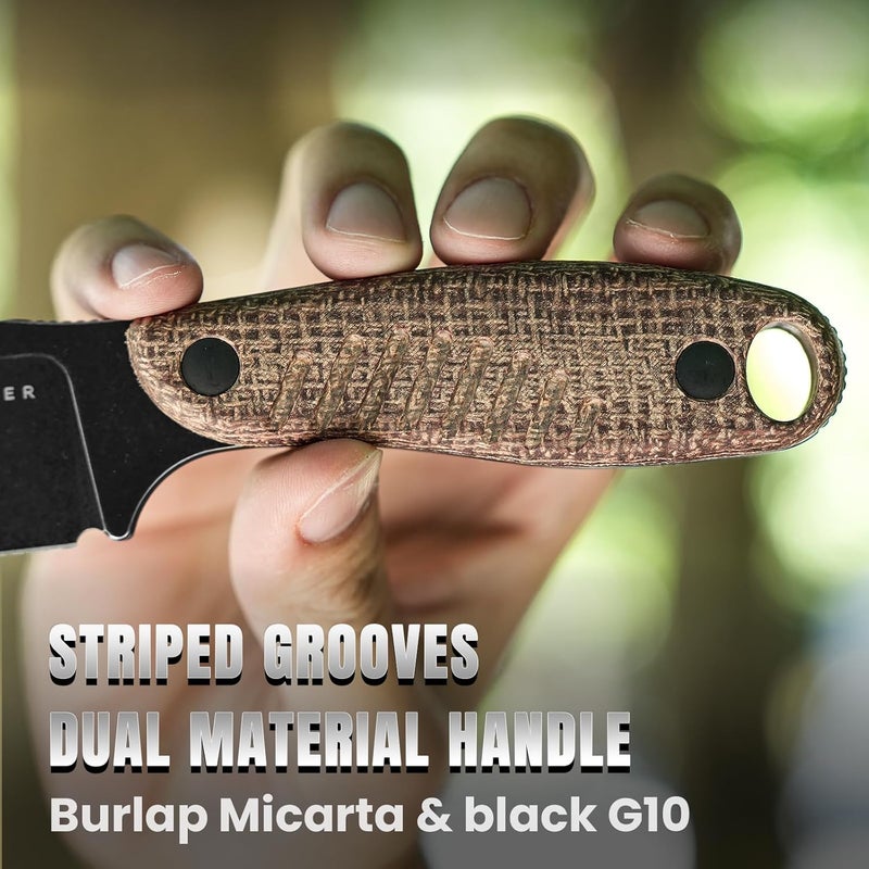 KIZER Hare Fixed Blade Knife with Sheath, 3.14" D2 Steel Blade EDC Hunting Knife with Burlap Micarta and Black G10 Handle, Small Survival Knives, Outdoor Camping Knives for Men Women 1077M3 - Image 5